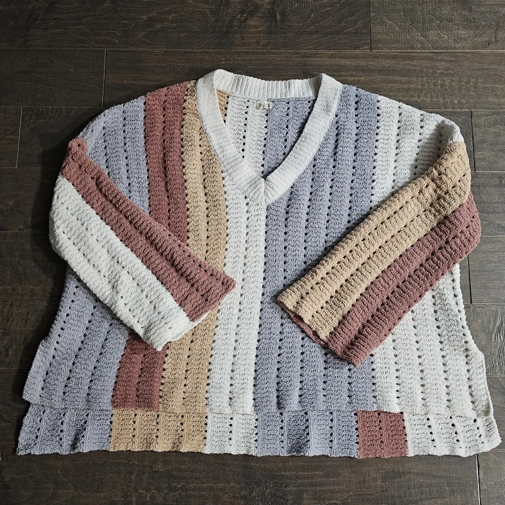 POL Chunky Knit Striped Colored Block Chenille Sweater Size Large - Picture 3 of 6